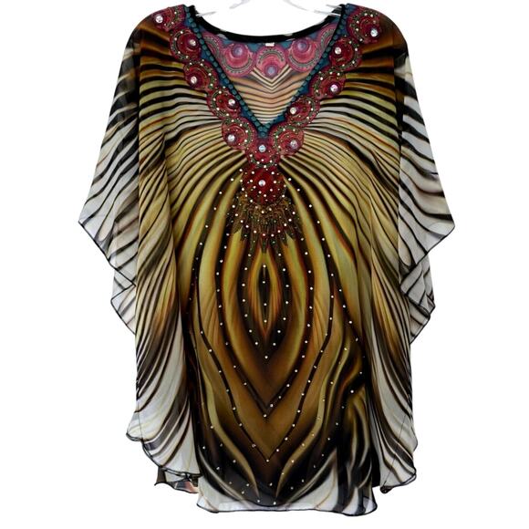 Vintage Other - Y2k Embellished V-Neck Beaded Sheer Tunic Dress Colorful One Size